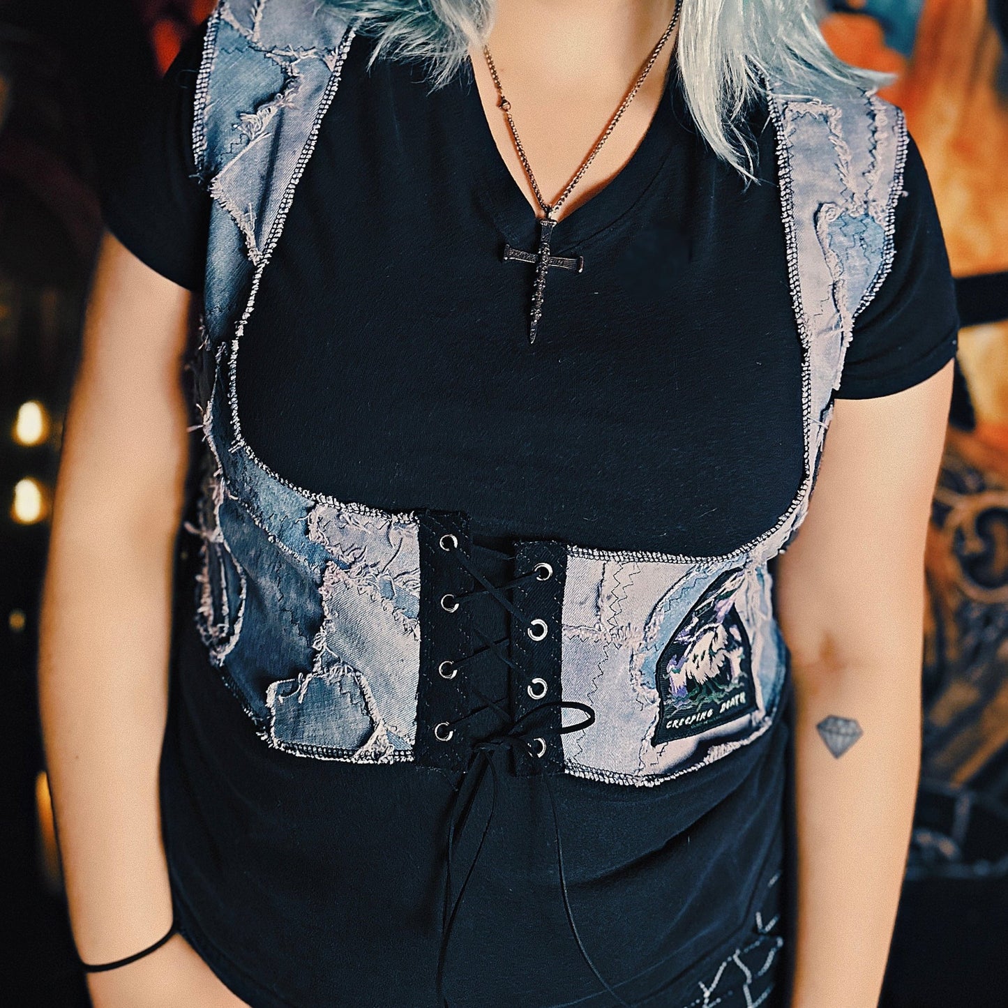 Custom Blue Patchwork Levi Corset Vest with Patches Size 16