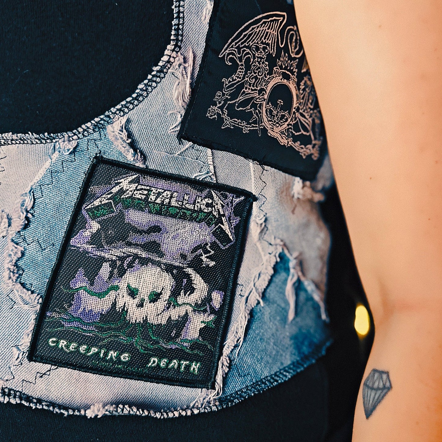 Custom Blue Patchwork Levi Corset Vest with Patches Size 16