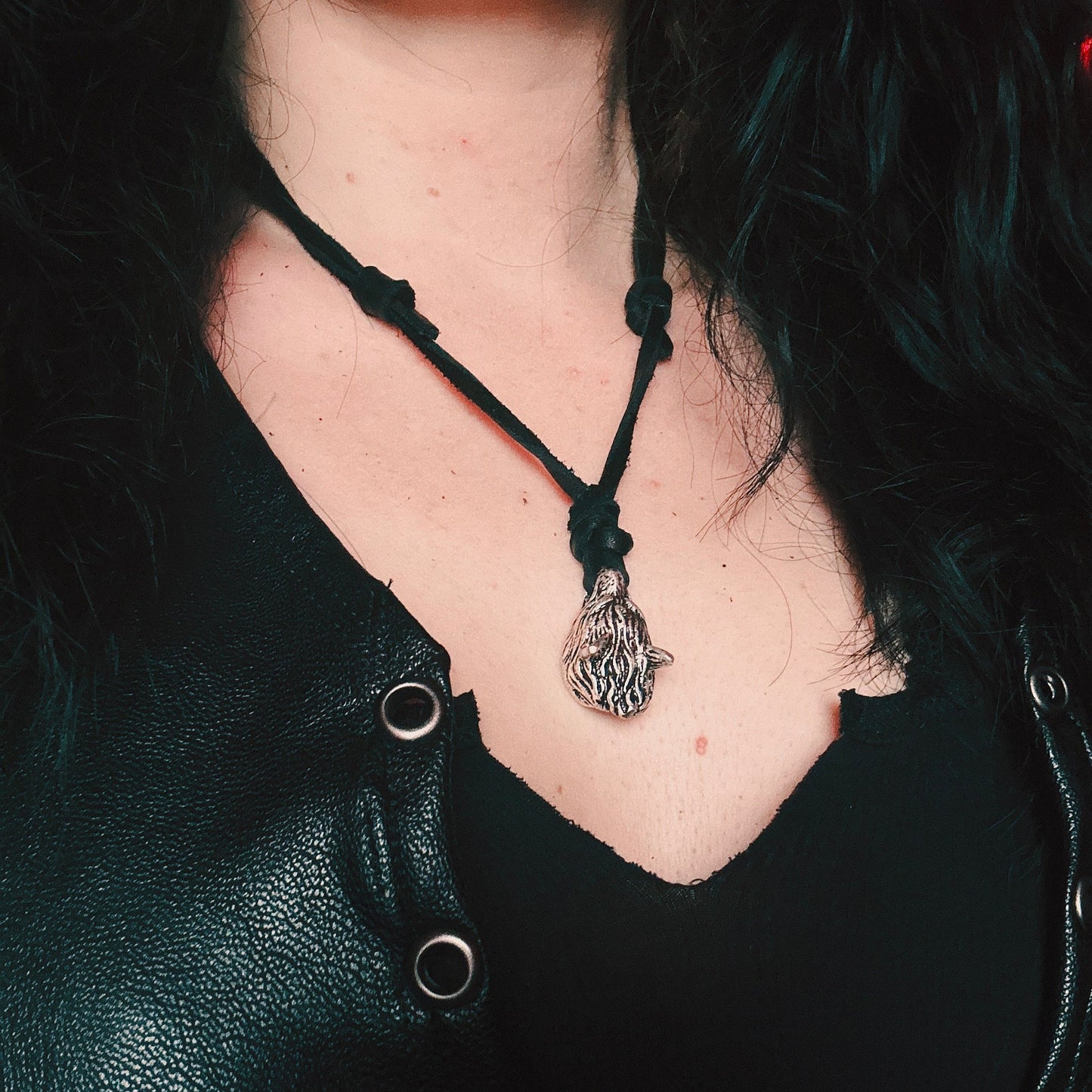 Silver Wolf Adjustable Leather Necklace